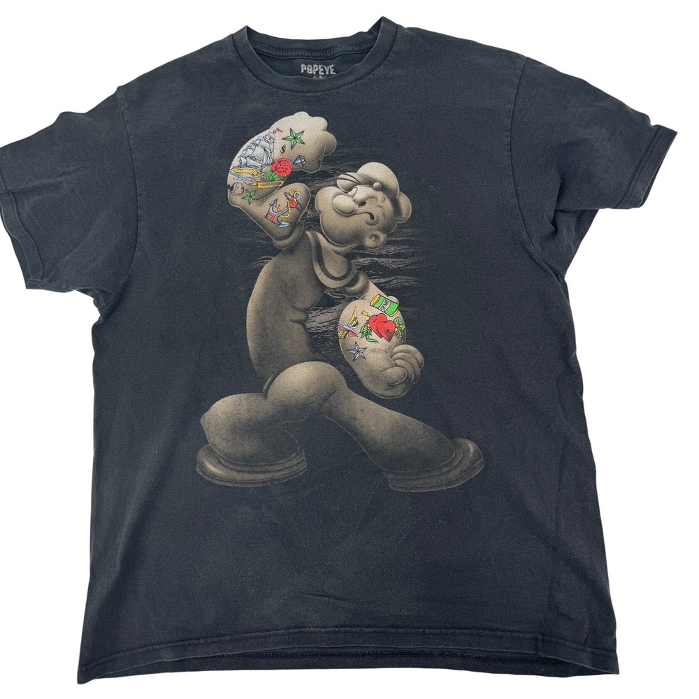 Popeye T Shirt Men's Large Graphic Print Black Cotton Crew Neck Short Sleeve‎